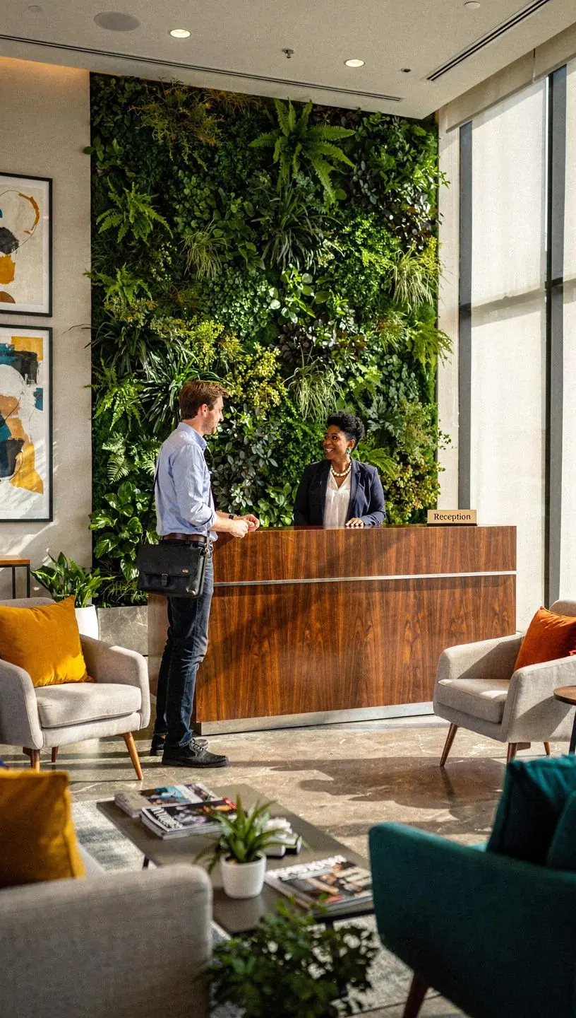 Strefa relaksu z wygodnymi sofami i roślinami doniczkowymi.