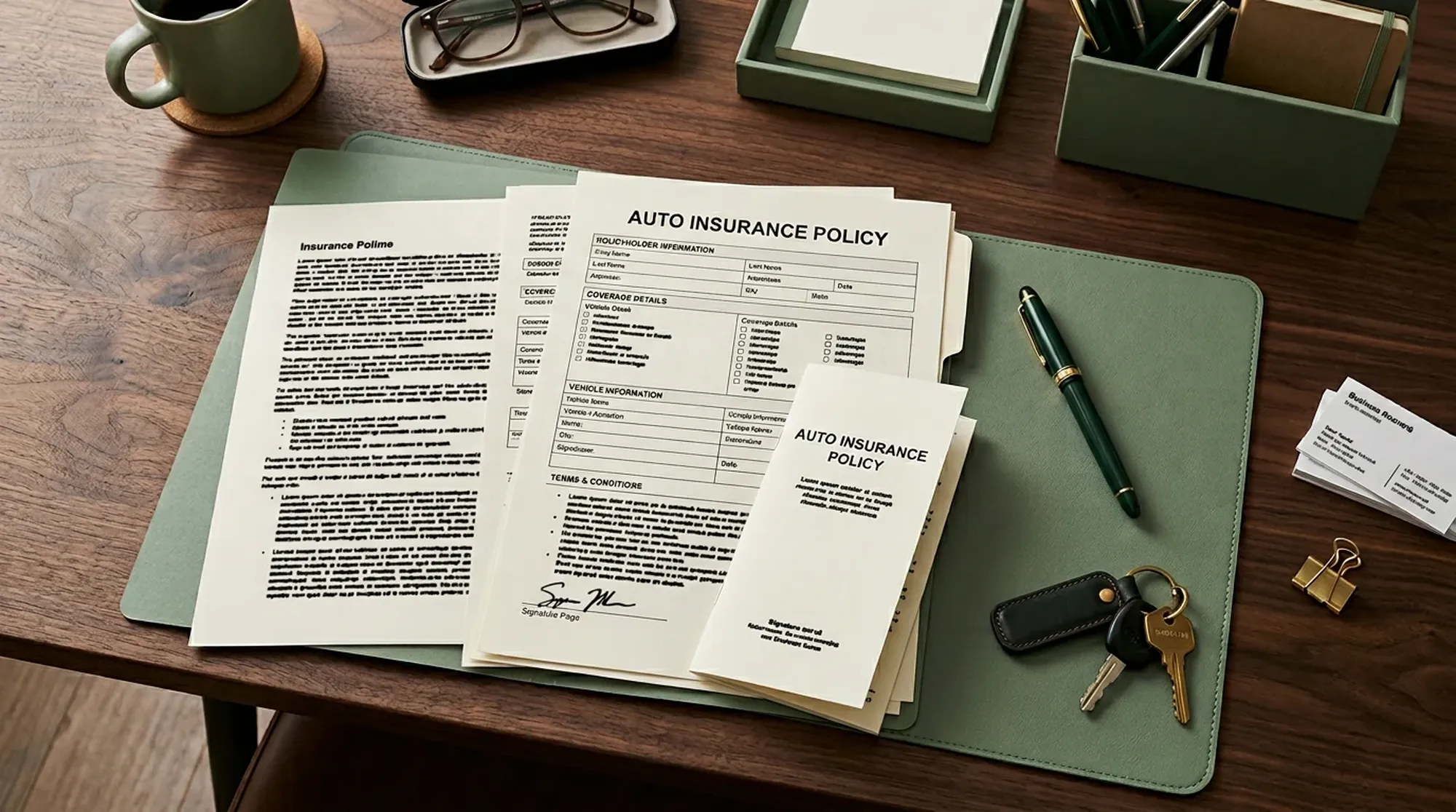 Dokumenty polisy i notatki edukacyjne przy stole